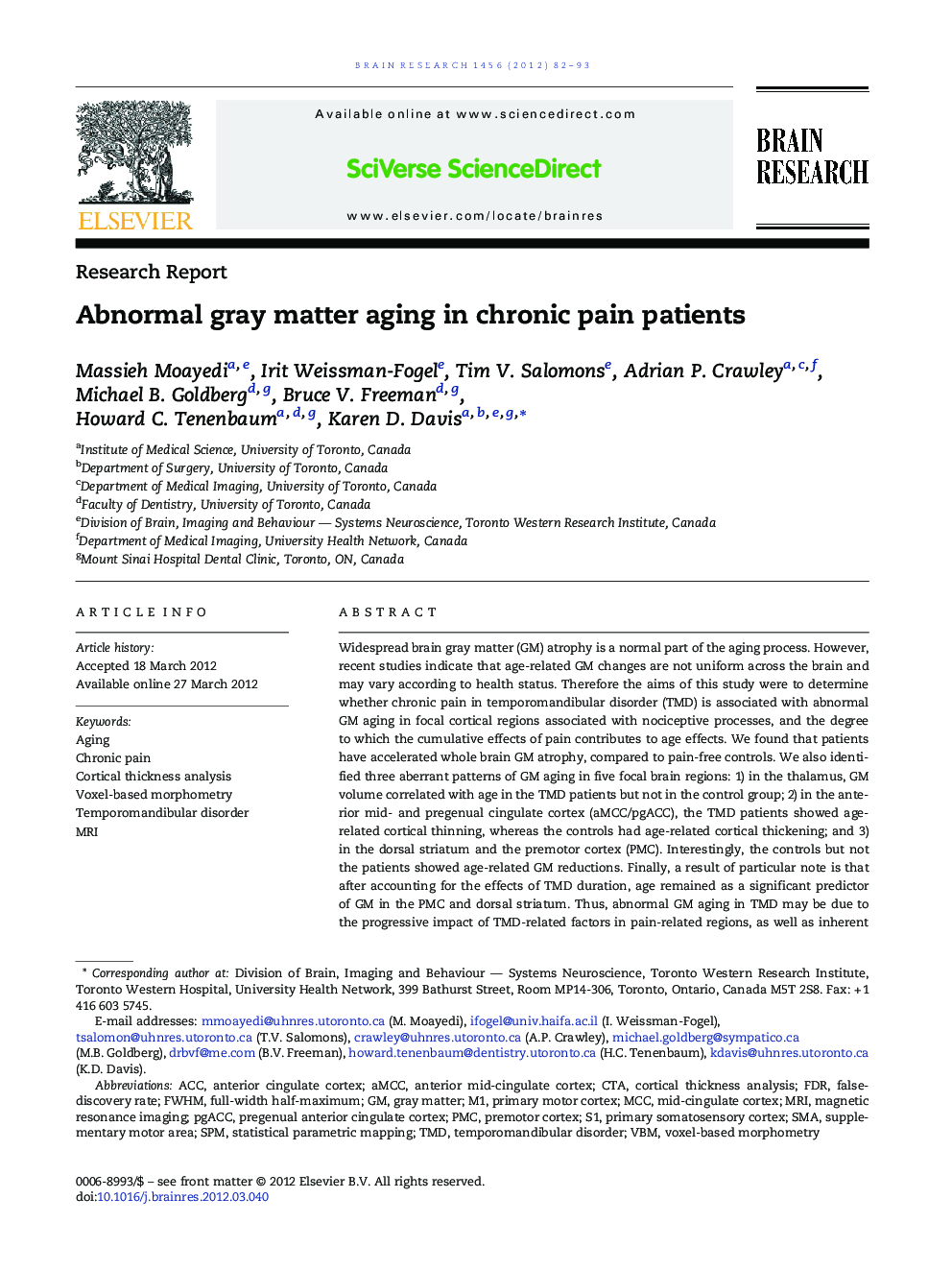 Research ReportAbnormal gray matter aging in chronic pain patients