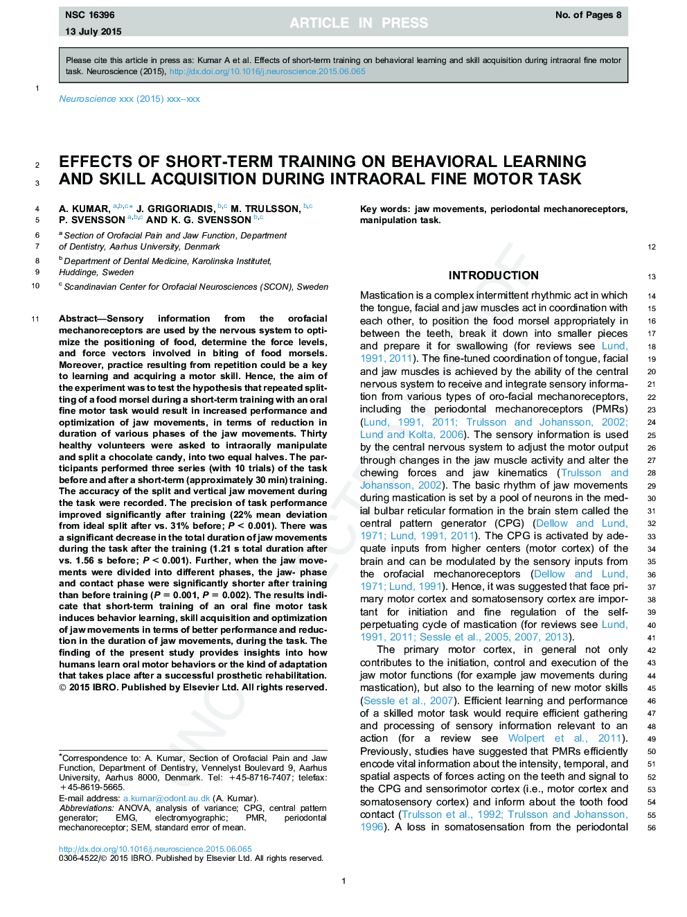 تأثیر آموزش کوتاه مدت در یادگیری رفتاری و کسب مهارت در طی وظیفه حرکتی درون مفصلی 