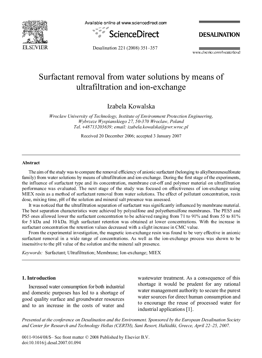 Surfactant removal from water solutions by means of ultrafiltration and ion-exchange