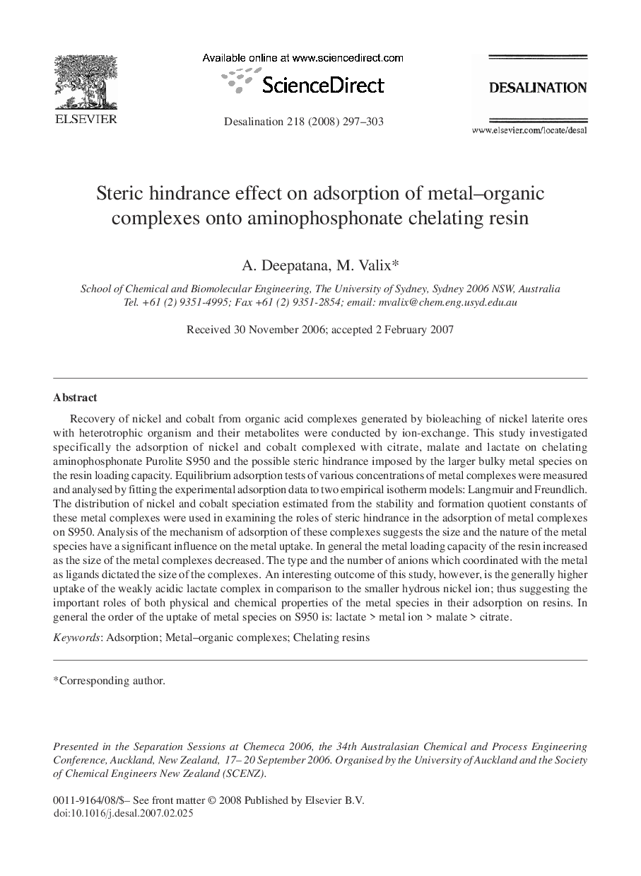 Steric hindrance effect on adsorption of metal–organic complexes onto aminophosphonate chelating resin