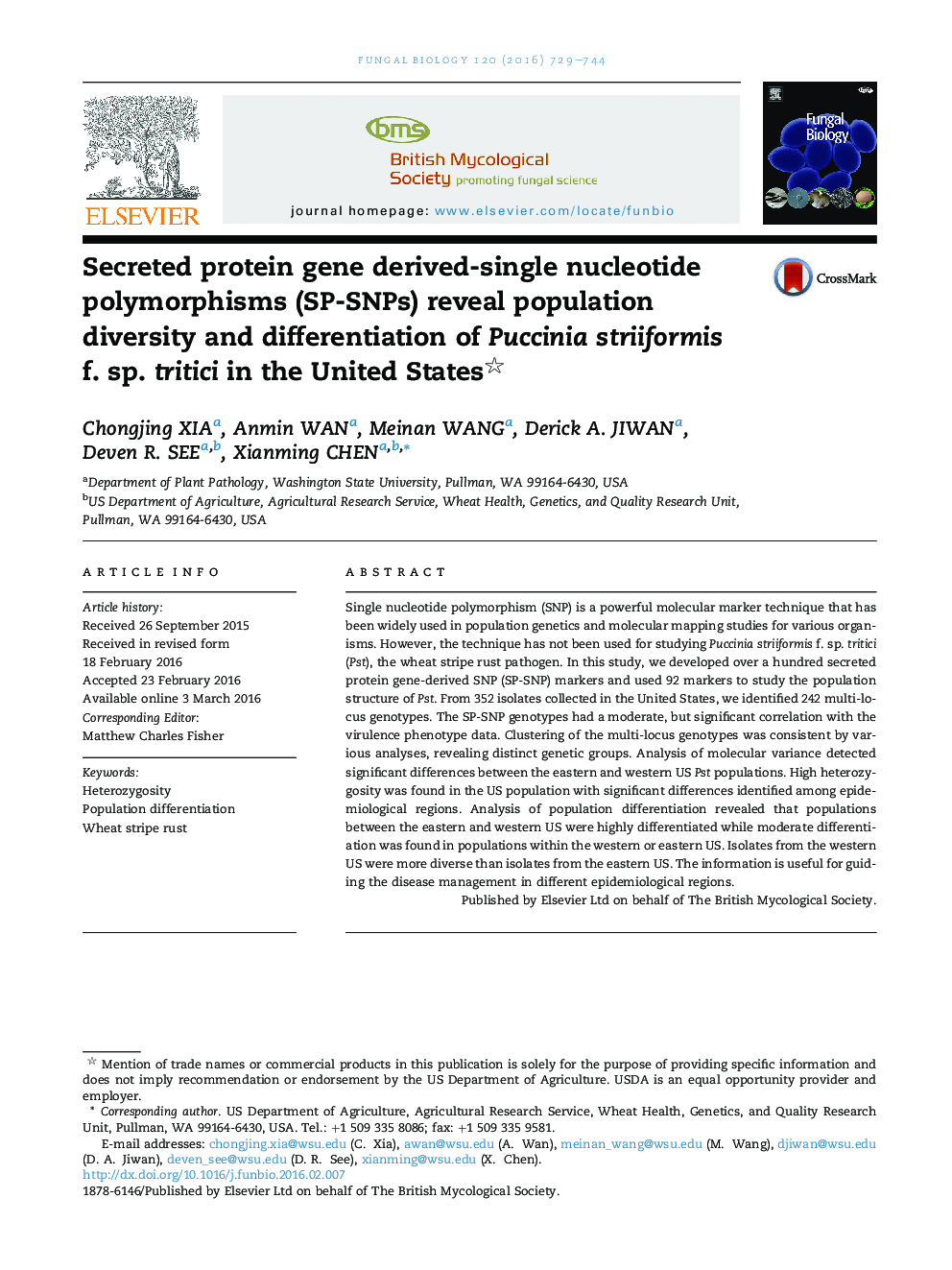 Secreted protein gene derived-single nucleotide polymorphisms (SP-SNPs) reveal population diversity and differentiation of Puccinia striiformis f. sp. tritici in the United States