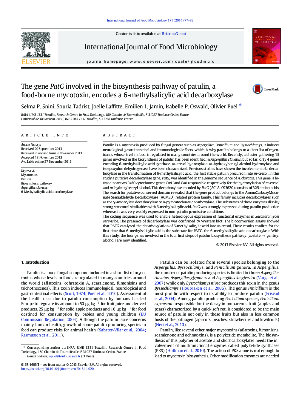 The gene PatG involved in the biosynthesis pathway of patulin, a food-borne mycotoxin, encodes a 6-methylsalicylic acid decarboxylase