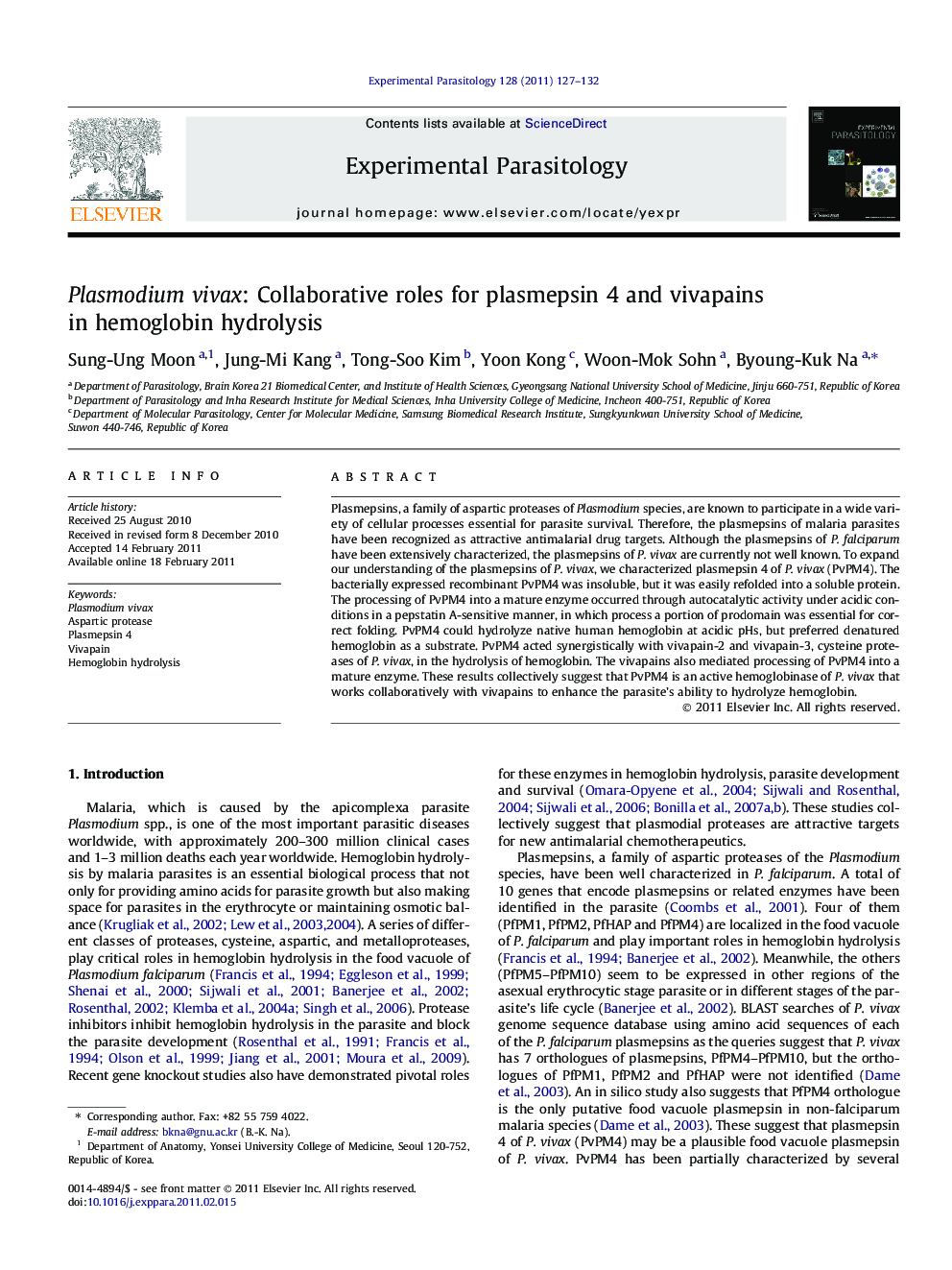Plasmodium vivax: Collaborative roles for plasmepsin 4 and vivapains in hemoglobin hydrolysis