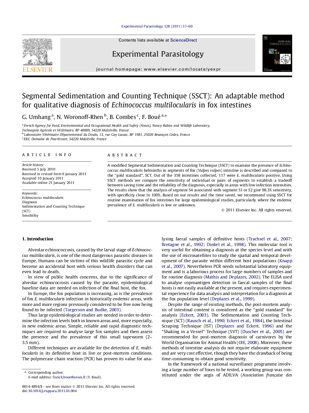 Segmental Sedimentation and Counting Technique (SSCT): An adaptable method for qualitative diagnosis of Echinococcus multilocularis in fox intestines