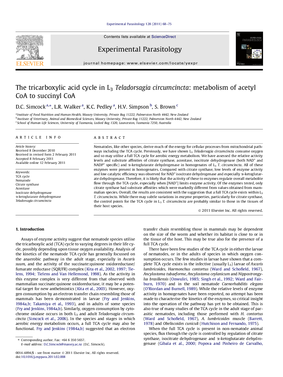 The tricarboxylic acid cycle in L3Teladorsagia circumcincta: metabolism of acetyl CoA to succinyl CoA