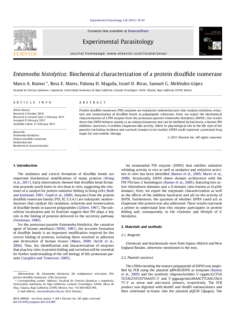 Entamoeba histolytica: Biochemical characterization of a protein disulfide isomerase