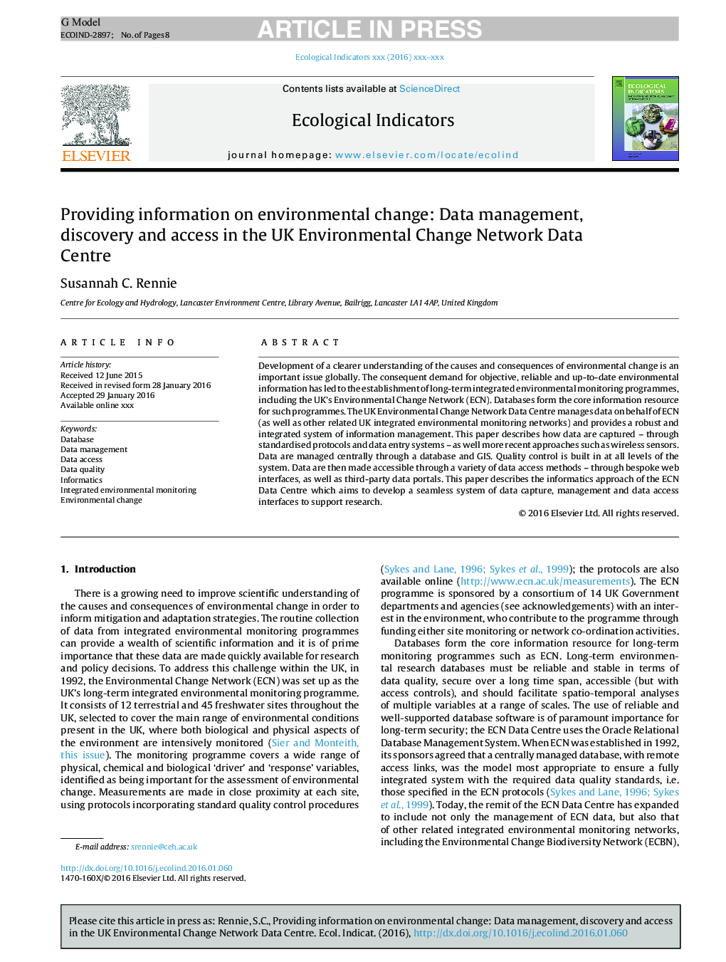 ارائه اطالعات در مورد تغییر محیط زیست: مدیریت داده، کشف و دسترسی در مرکز اطلاعات شبکه زیست محیطی بریتانیا 