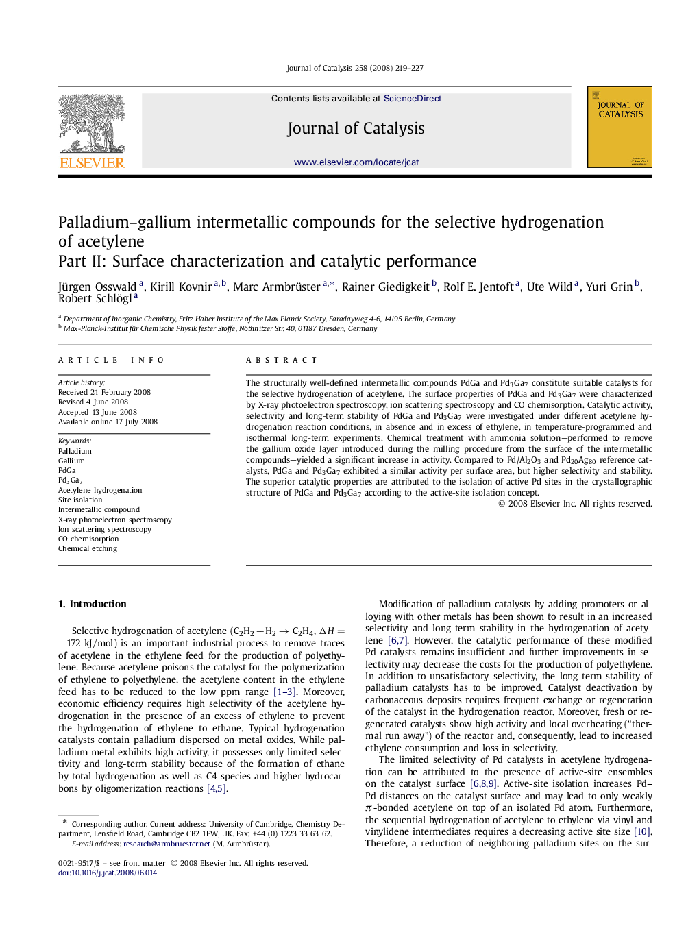 Palladium–gallium intermetallic compounds for the selective hydrogenation of acetylene: Part II: Surface characterization and catalytic performance