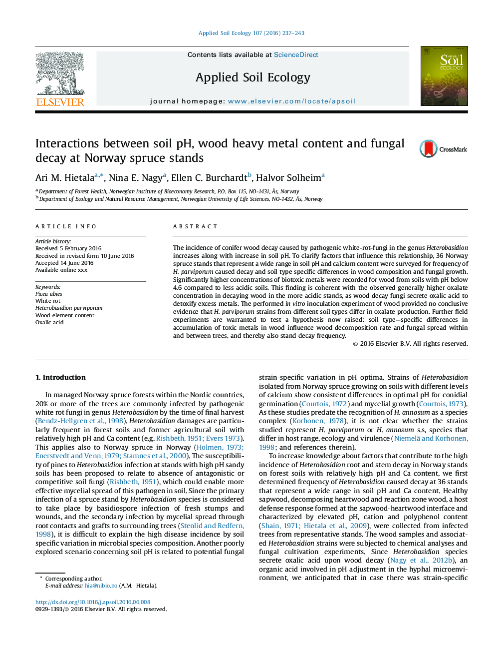 Interactions between soil pH, wood heavy metal content and fungal decay at Norway spruce stands