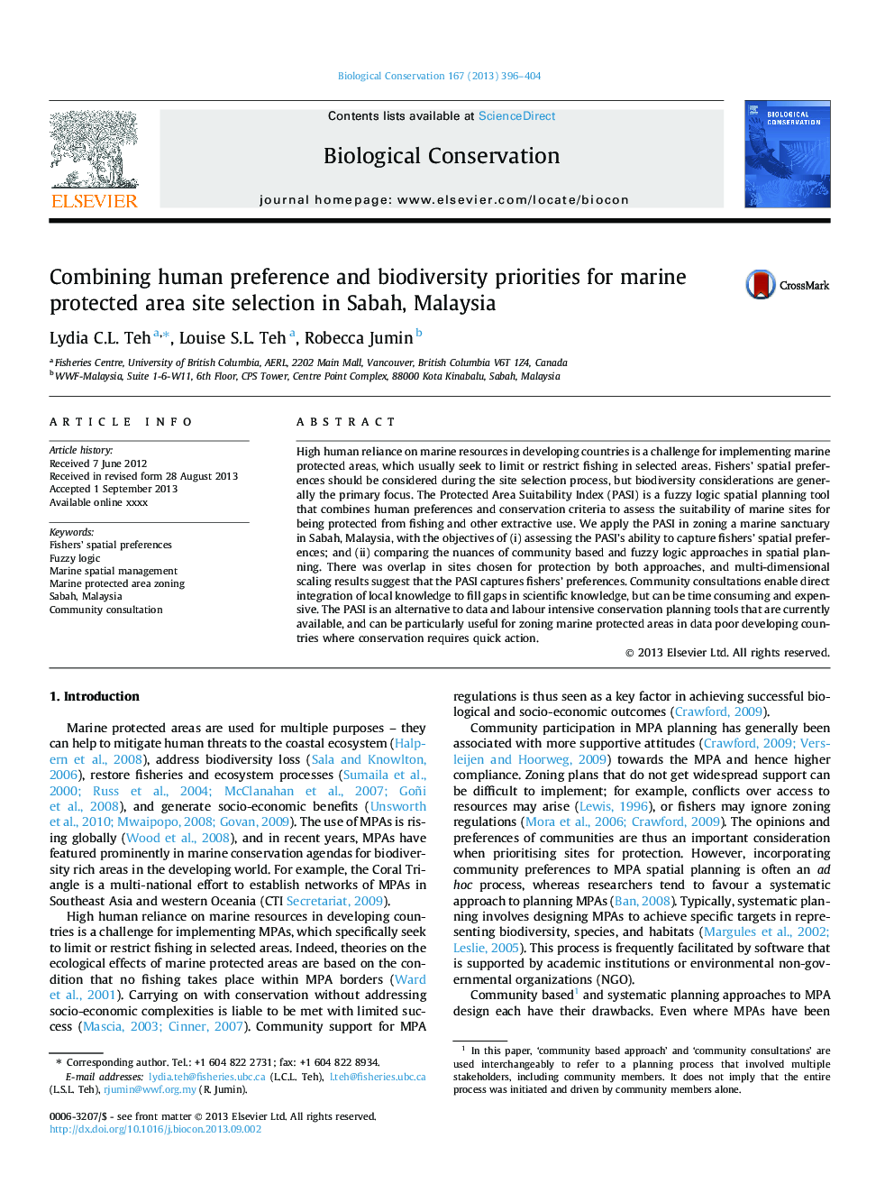ترکیب اولویت های انسانی و اولویت های تنوع زیستی برای انتخاب سایت های حفاظت شده دریایی در صباح، مالزی 