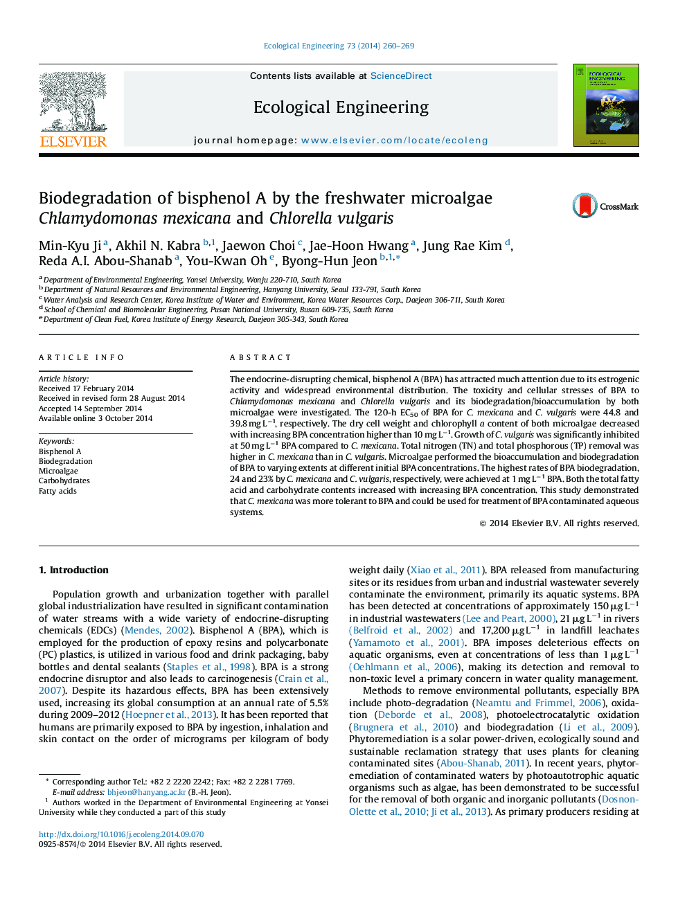 Biodegradation of bisphenol A by the freshwater microalgae Chlamydomonas mexicana and Chlorella vulgaris