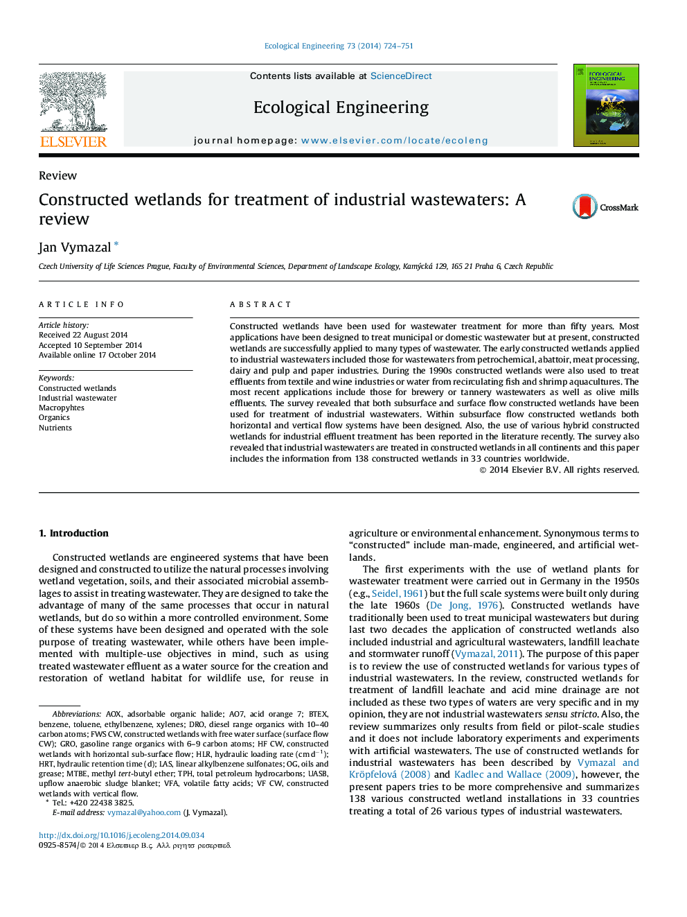 ReviewConstructed wetlands for treatment of industrial wastewaters: A review