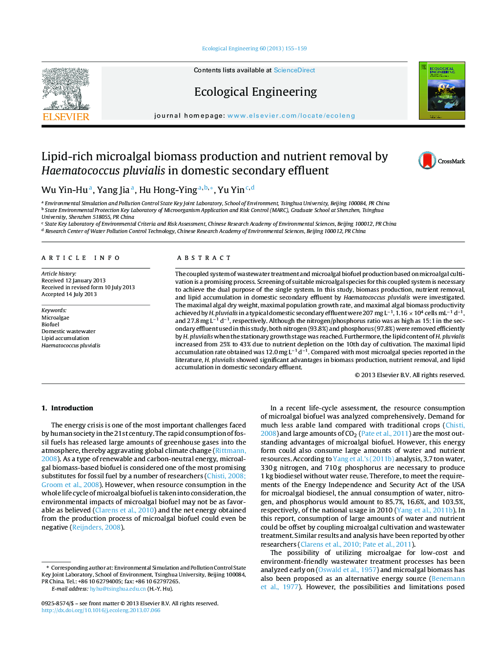 Lipid-rich microalgal biomass production and nutrient removal by Haematococcus pluvialis in domestic secondary effluent