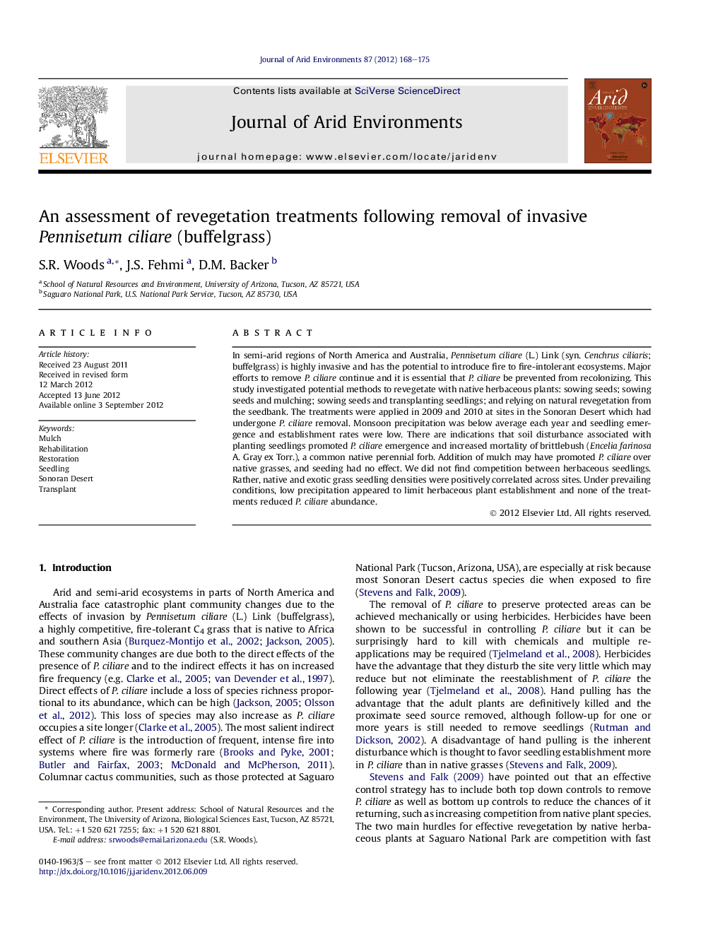 An assessment of revegetation treatments following removal of invasive Pennisetum ciliare (buffelgrass)