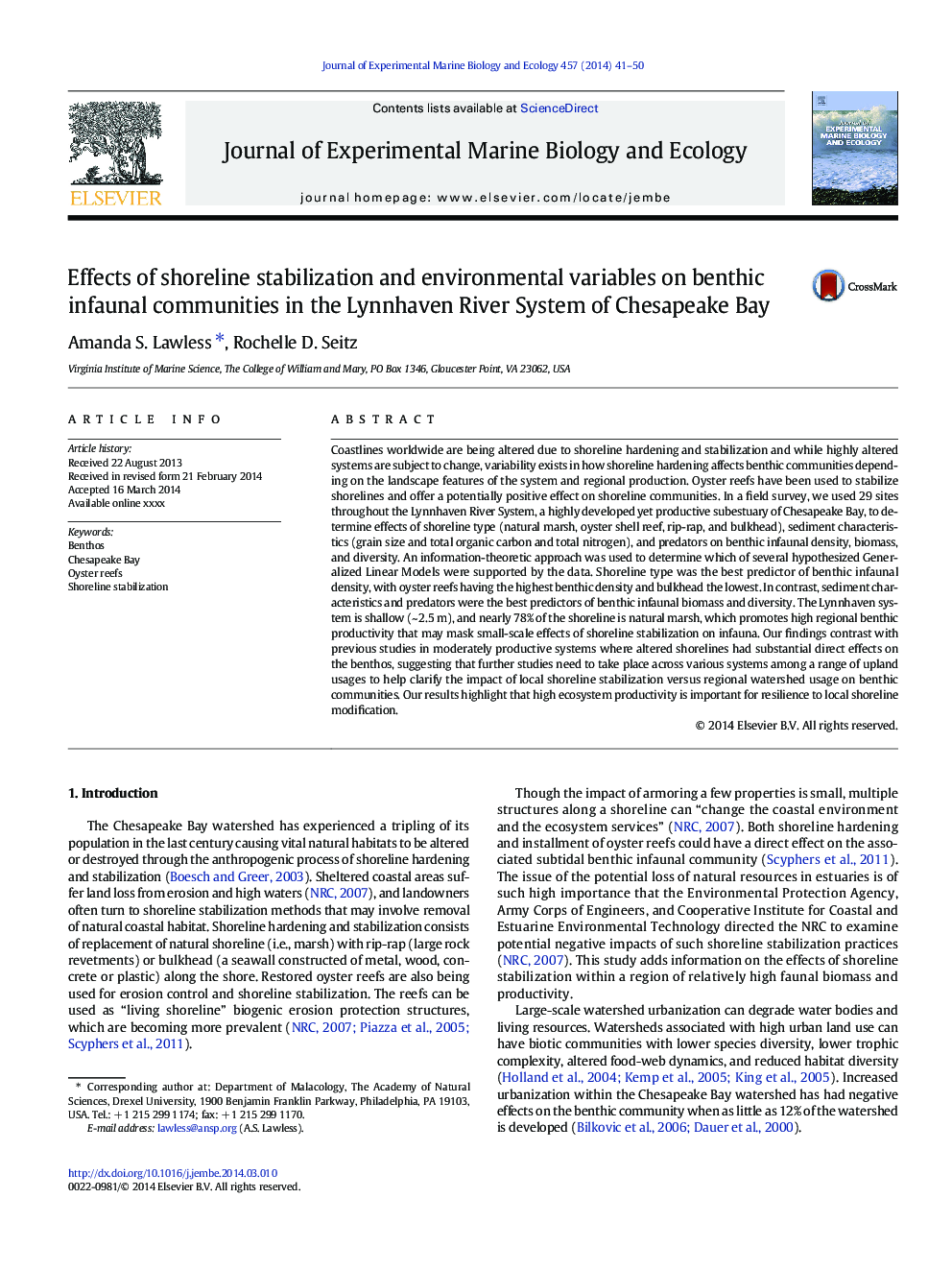 تأثیر تثبیت کننده های ساحلی و متغیرهای محیطی بر جوامع فضایی بتس در سیستم رودخانه لینون هاین در خلیج چساپیک 