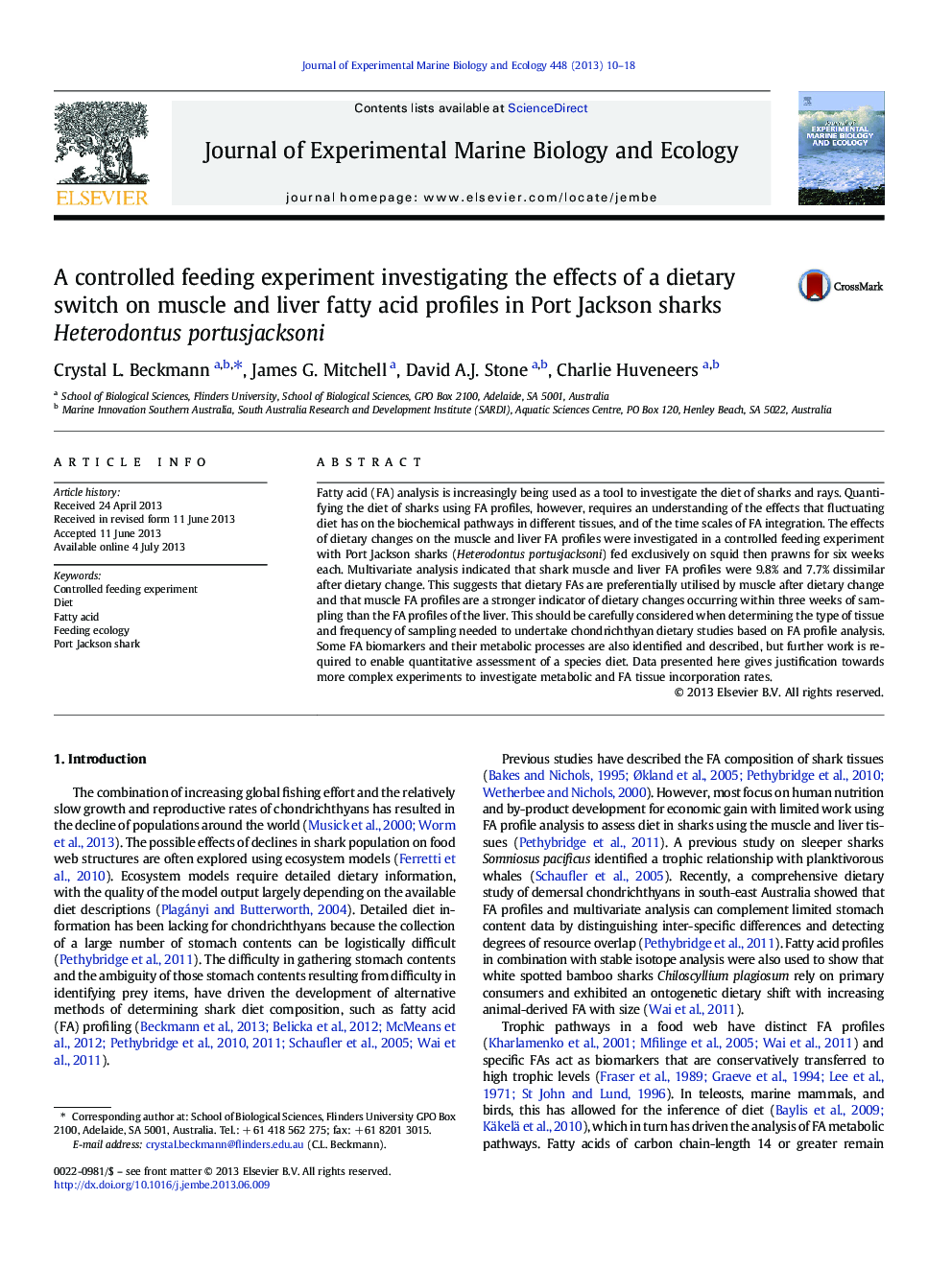 A controlled feeding experiment investigating the effects of a dietary switch on muscle and liver fatty acid profiles in Port Jackson sharks Heterodontus portusjacksoni