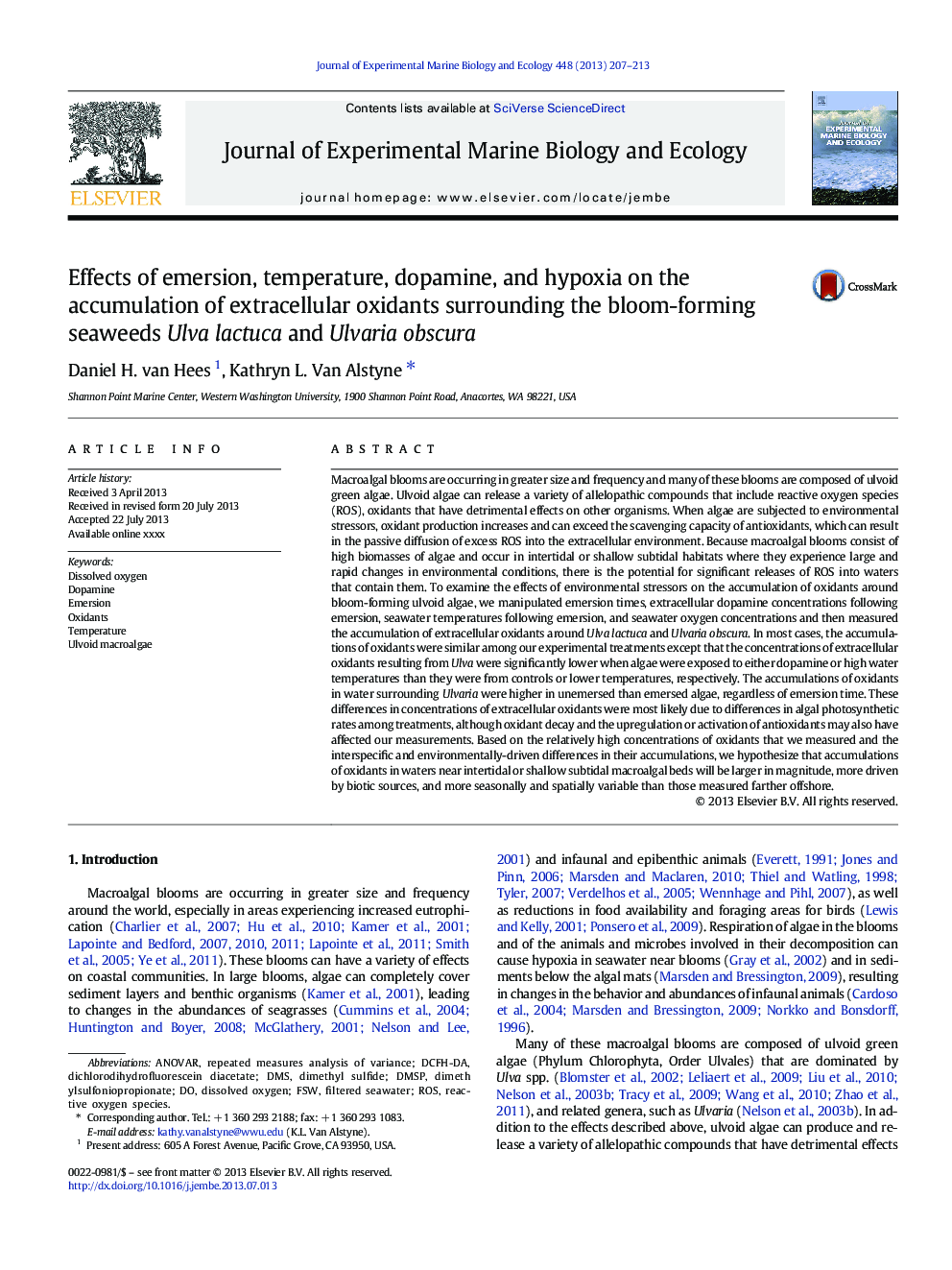 Effects of emersion, temperature, dopamine, and hypoxia on the accumulation of extracellular oxidants surrounding the bloom-forming seaweeds Ulva lactuca and Ulvaria obscura