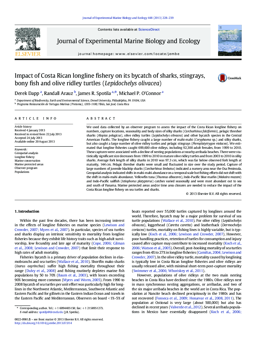 Impact of Costa Rican longline fishery on its bycatch of sharks, stingrays, bony fish and olive ridley turtles (Lepidochelys olivacea)