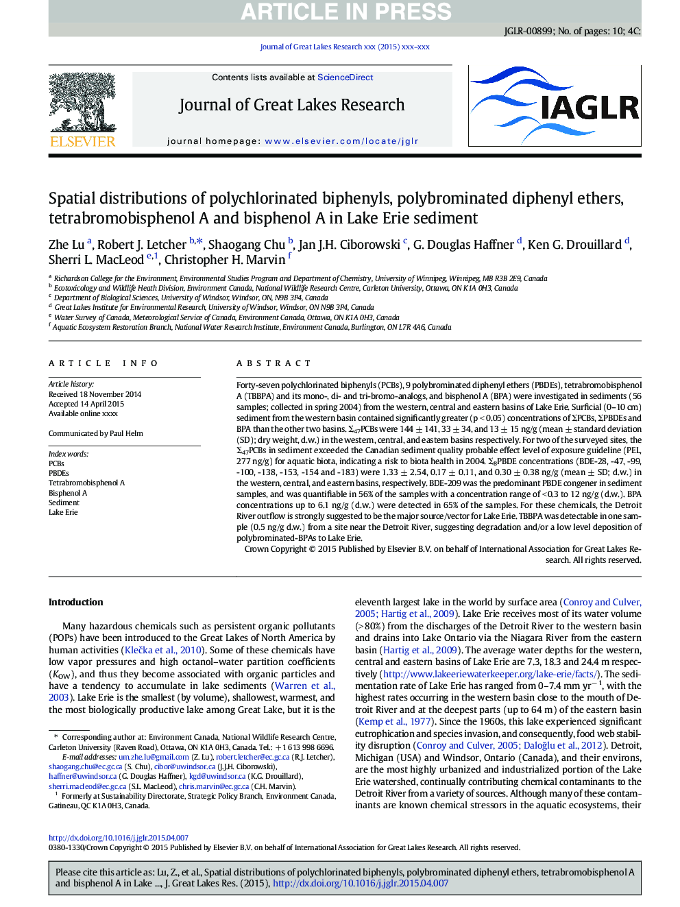 Spatial distributions of polychlorinated biphenyls, polybrominated diphenyl ethers, tetrabromobisphenol A and bisphenol A in Lake Erie sediment