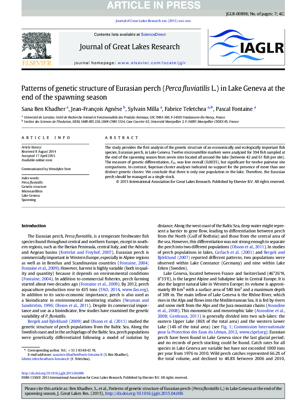 Patterns of genetic structure of Eurasian perch (Perca fluviatilis L.) in Lake Geneva at the end of the spawning season
