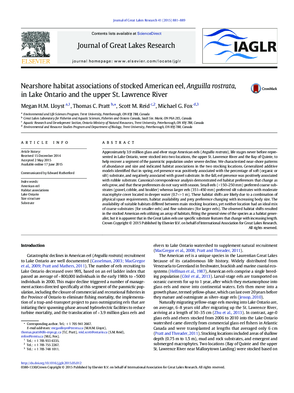 Nearshore habitat associations of stocked American eel, Anguilla rostrata, in Lake Ontario and the upper St. Lawrence River