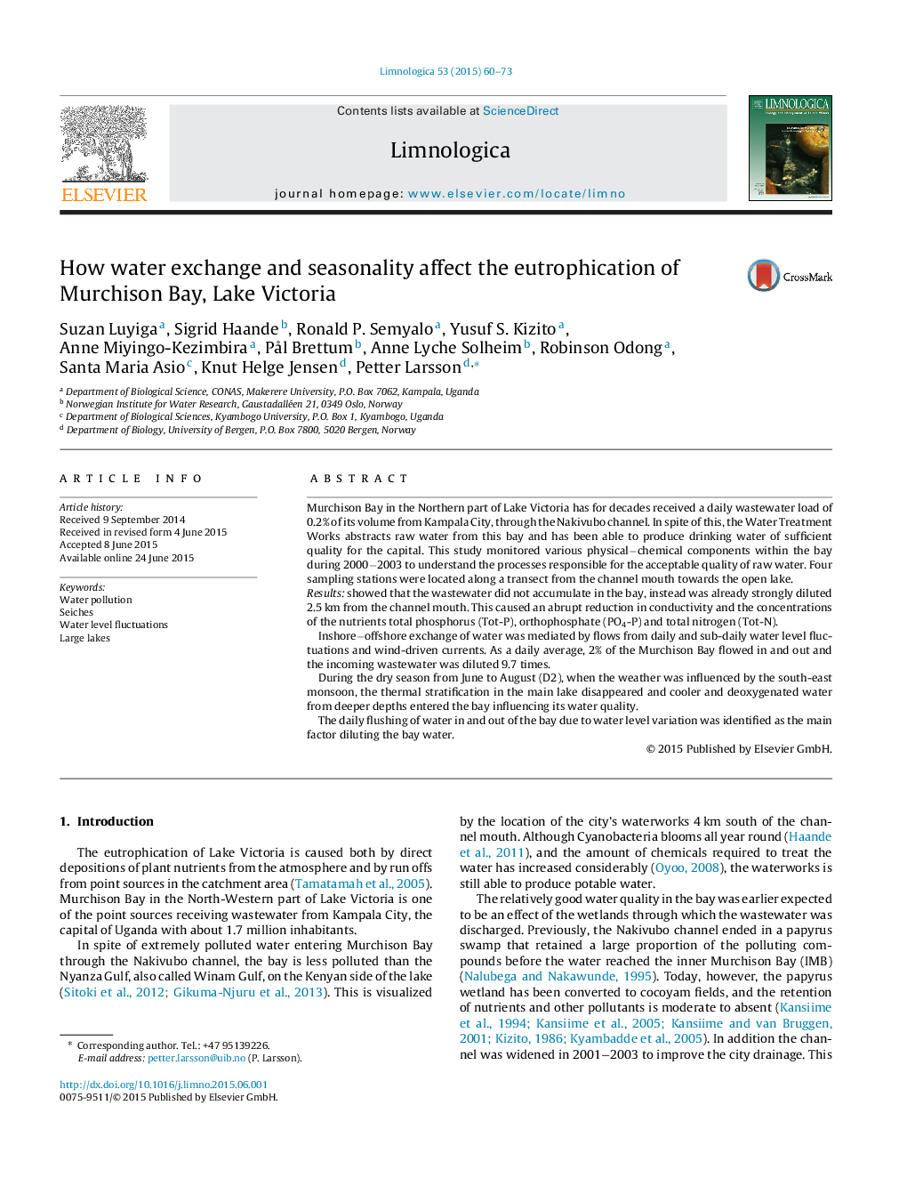 How water exchange and seasonality affect the eutrophication of Murchison Bay, Lake Victoria