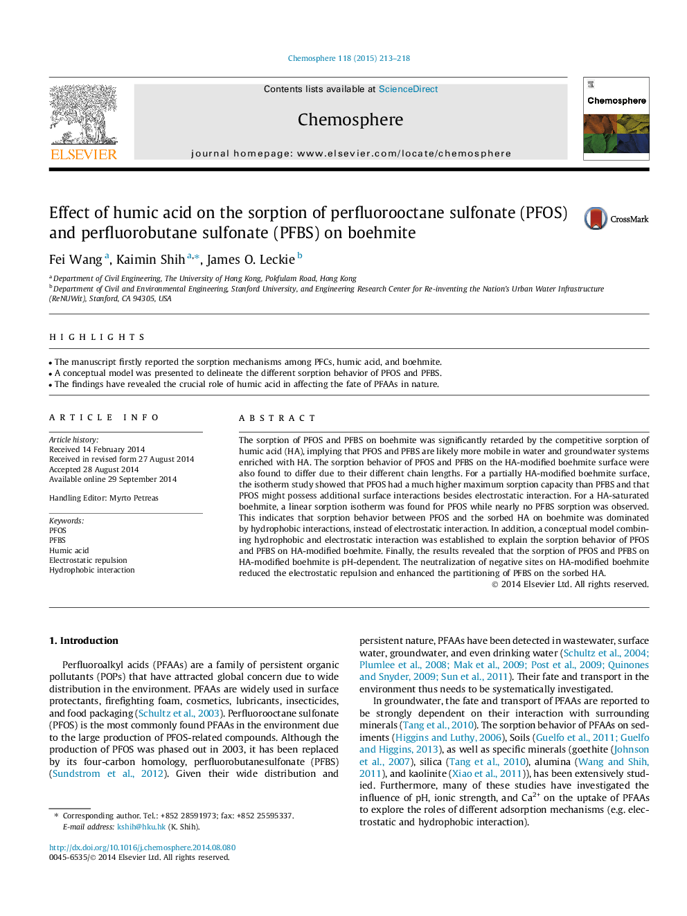 Effect of humic acid on the sorption of perfluorooctane sulfonate (PFOS) and perfluorobutane sulfonate (PFBS) on boehmite