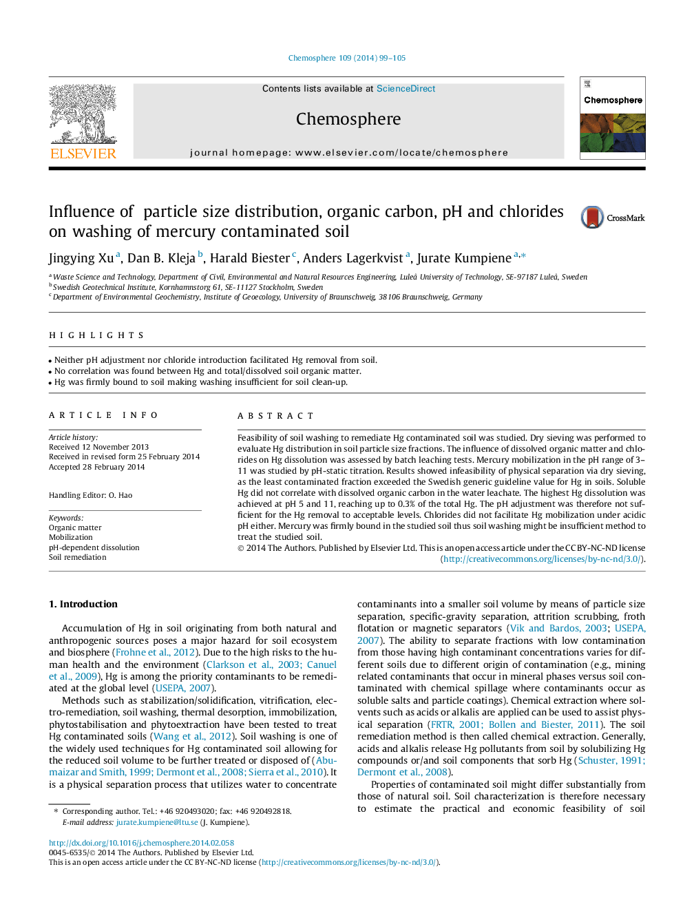 Influence of particle size distribution, organic carbon, pH and chlorides on washing of mercury contaminated soil