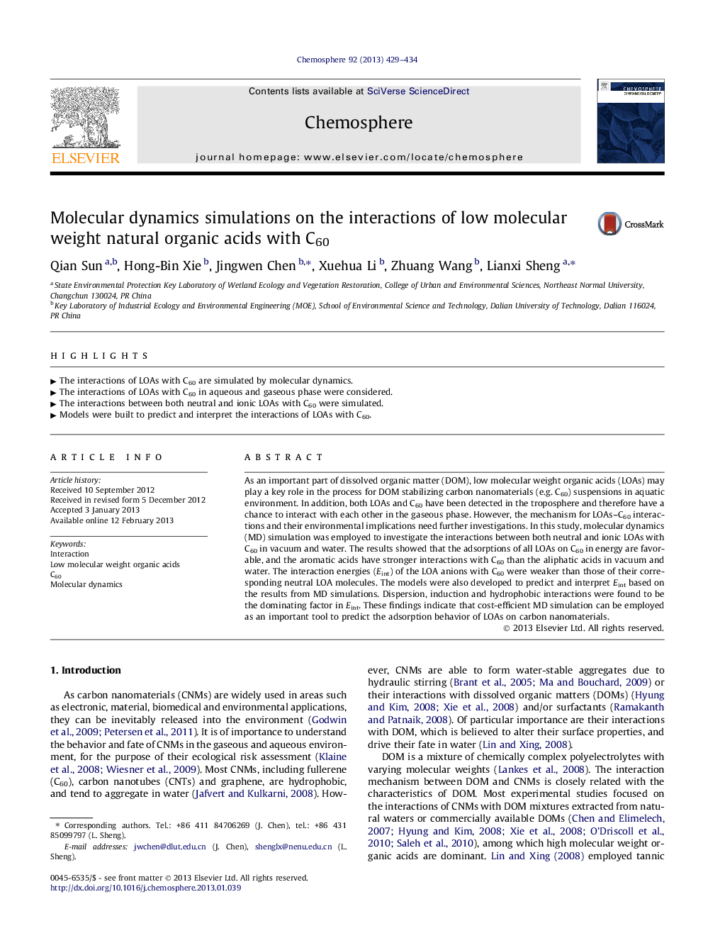 Molecular dynamics simulations on the interactions of low molecular weight natural organic acids with C60