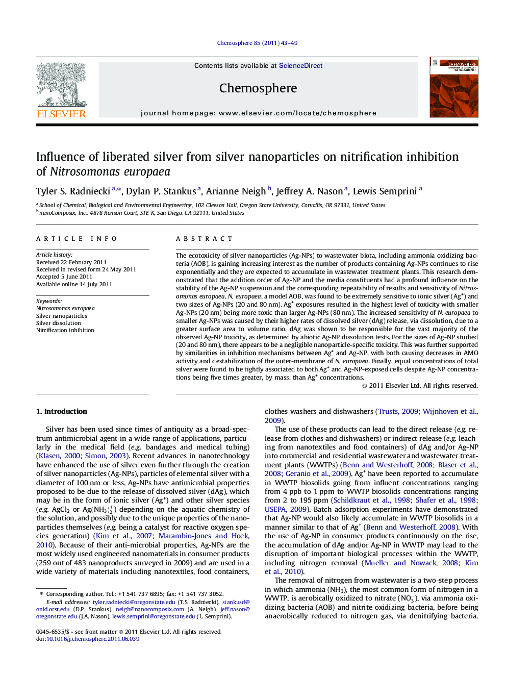 Influence of liberated silver from silver nanoparticles on nitrification inhibition of Nitrosomonas europaea