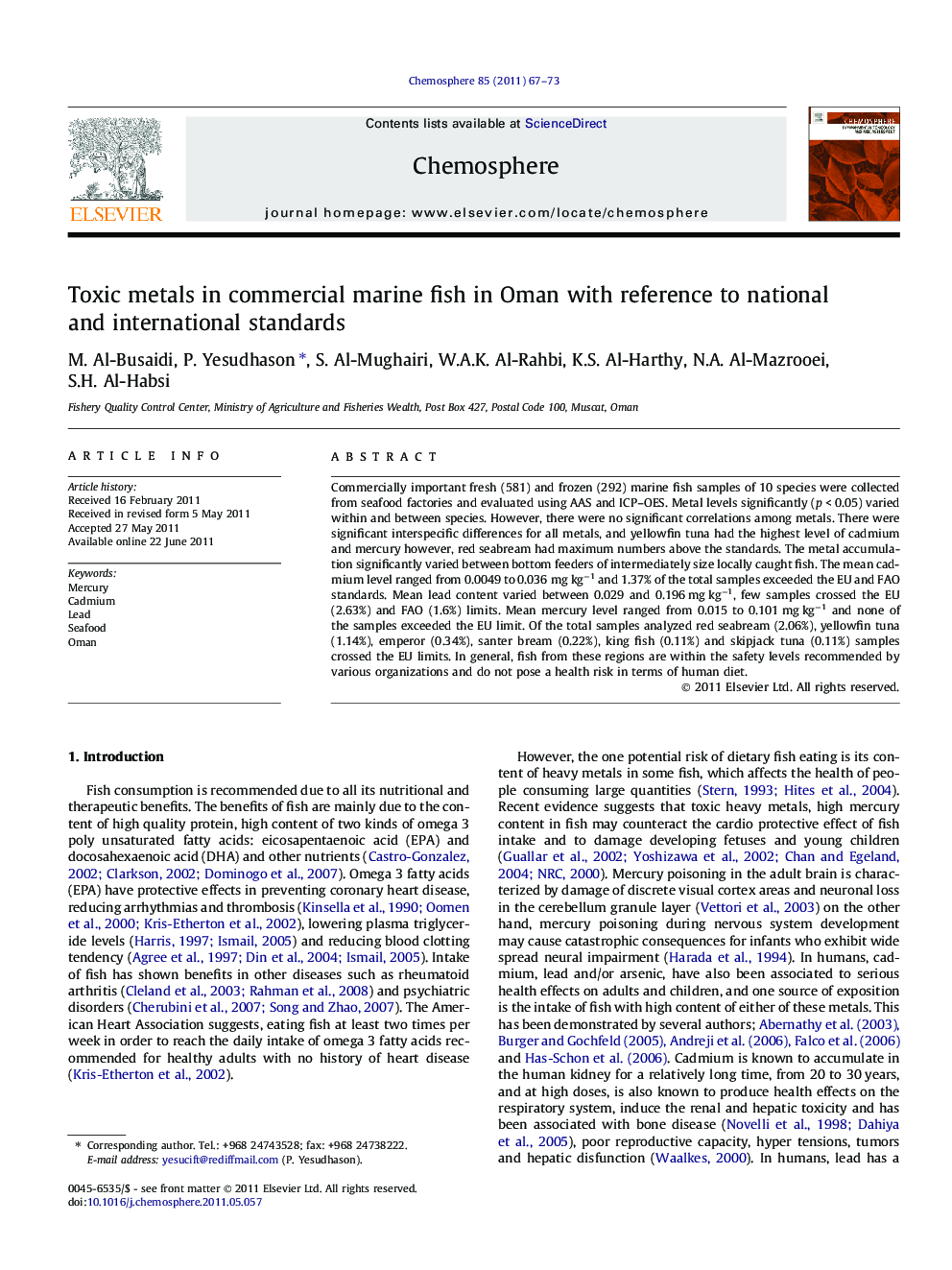 Toxic metals in commercial marine fish in Oman with reference to national and international standards