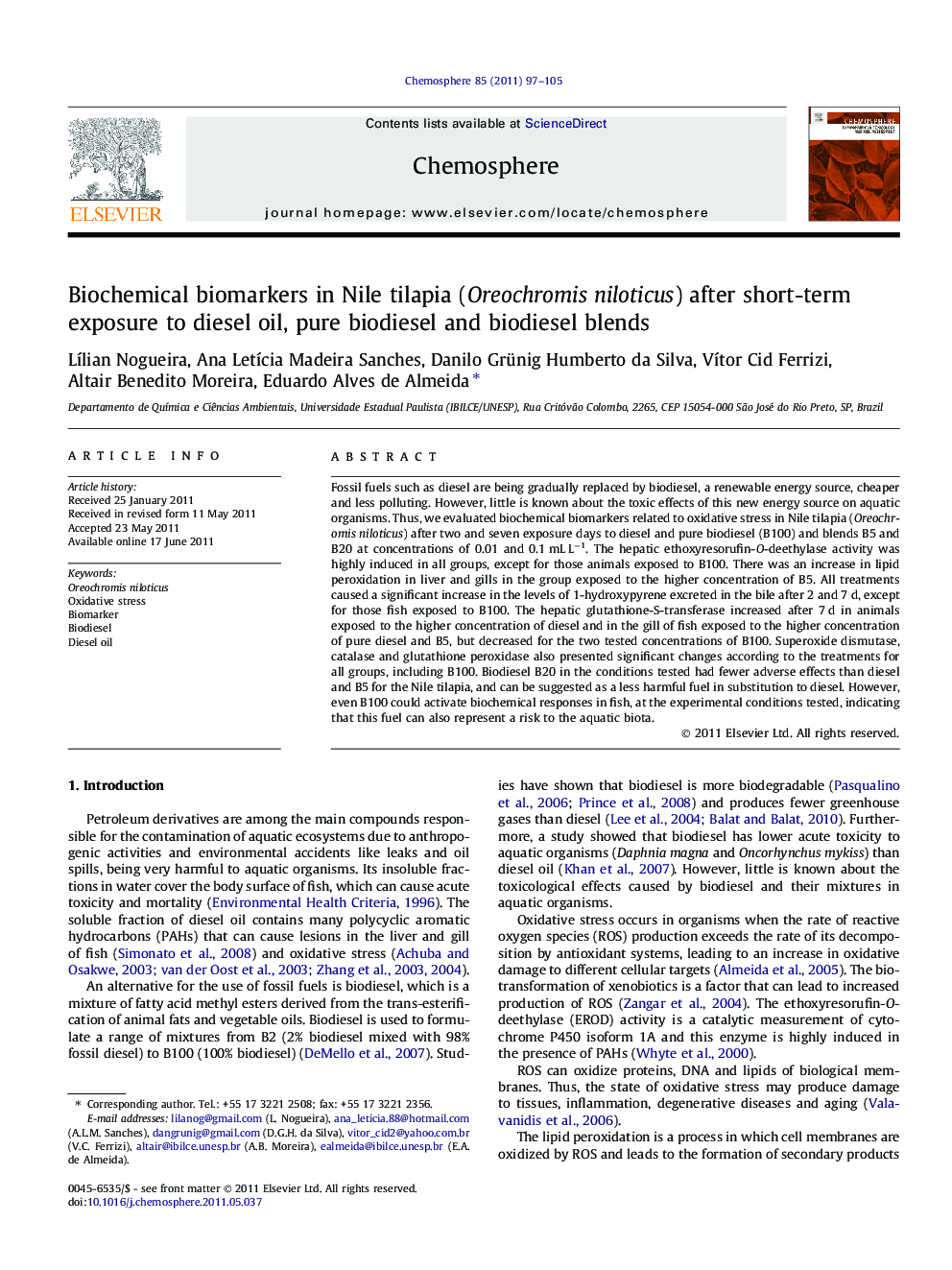 Biochemical biomarkers in Nile tilapia (Oreochromis niloticus) after short-term exposure to diesel oil, pure biodiesel and biodiesel blends