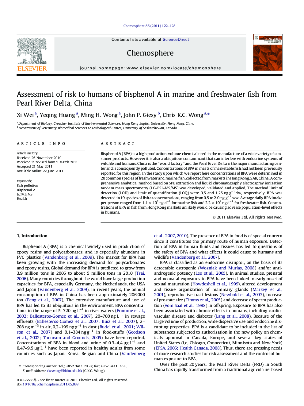 Assessment of risk to humans of bisphenol A in marine and freshwater fish from Pearl River Delta, China