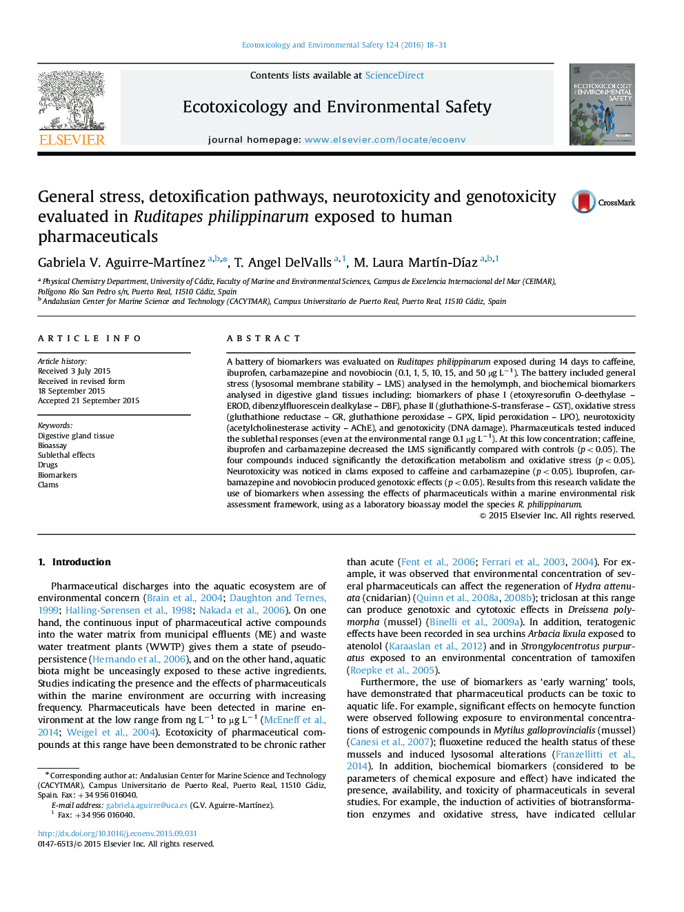 General stress, detoxification pathways, neurotoxicity and genotoxicity evaluated in Ruditapes philippinarum exposed to human pharmaceuticals