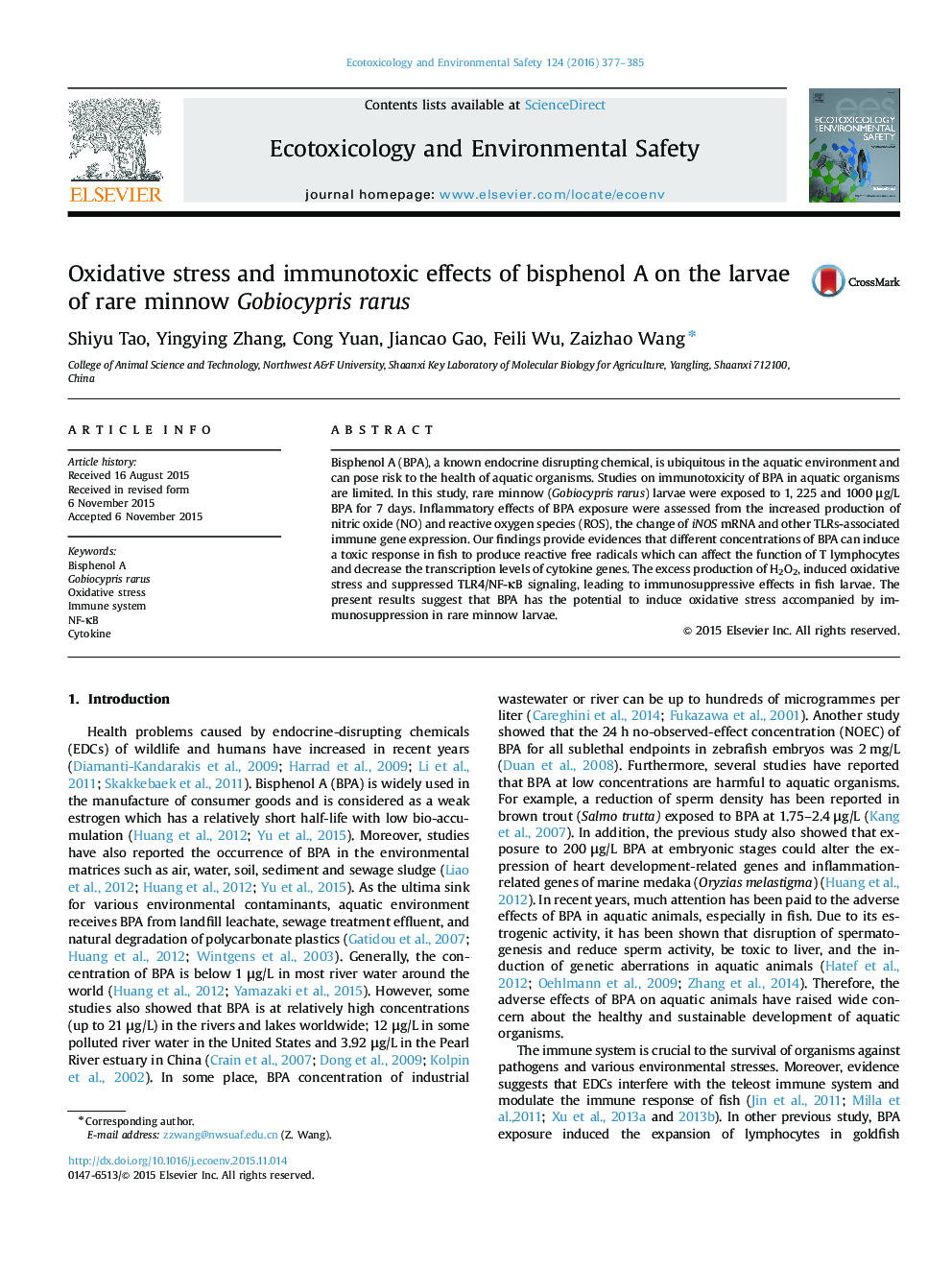 Oxidative stress and immunotoxic effects of bisphenol A on the larvae of rare minnow Gobiocypris rarus