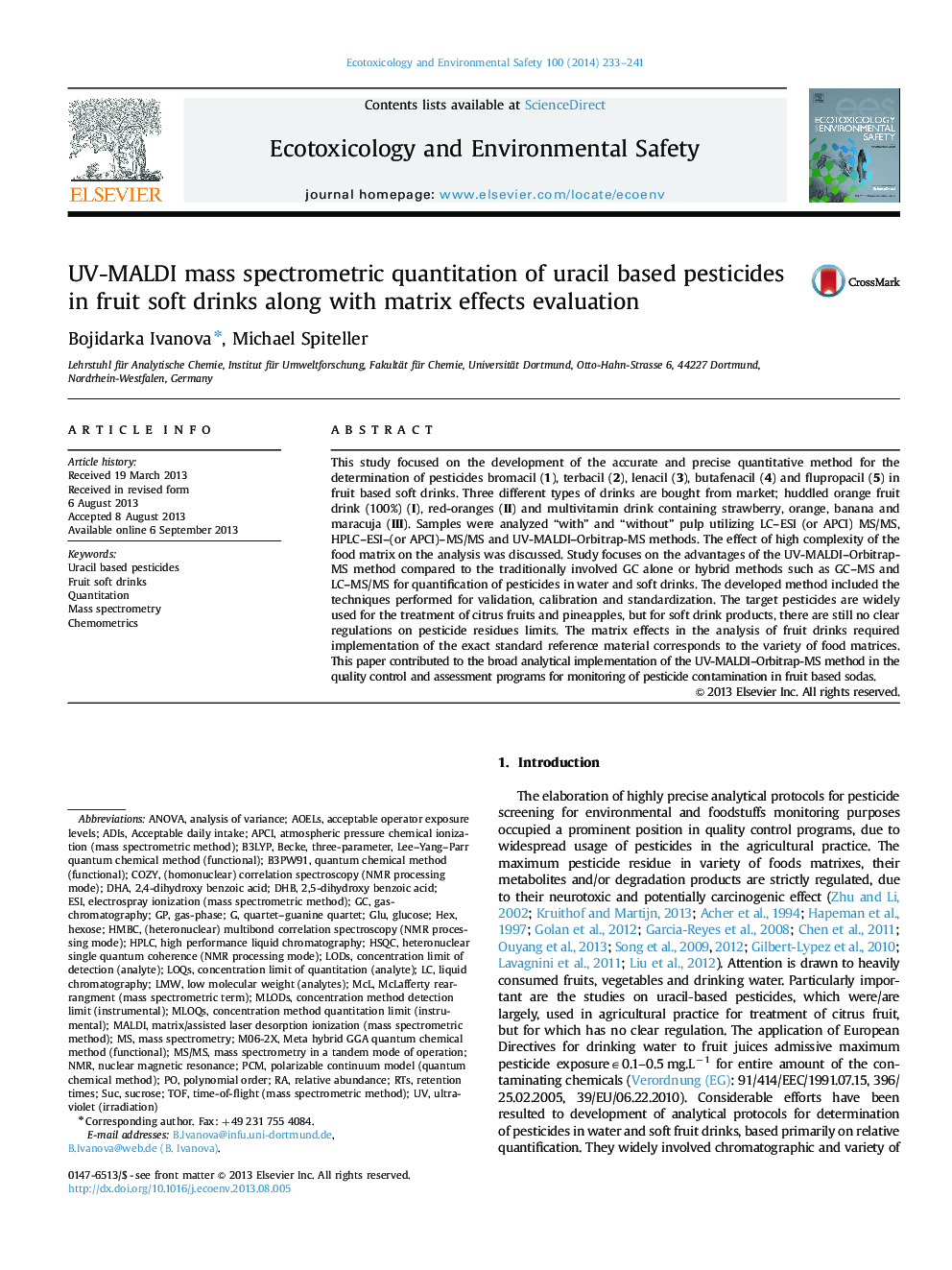 UV-MALDI mass spectrometric quantitation of uracil based pesticides in fruit soft drinks along with matrix effects evaluation
