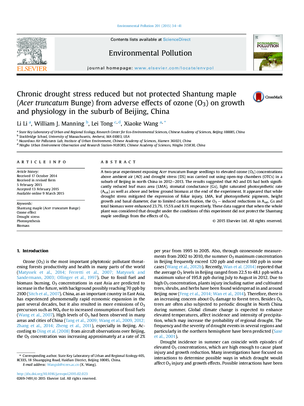 Chronic drought stress reduced but not protected Shantung maple (Acer truncatum Bunge) from adverse effects of ozone (O3) on growth and physiology in the suburb of Beijing, China