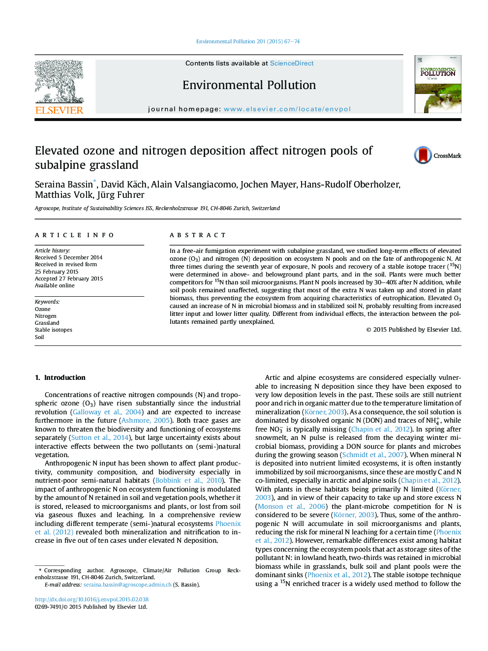 Elevated ozone and nitrogen deposition affect nitrogen pools of subalpine grassland