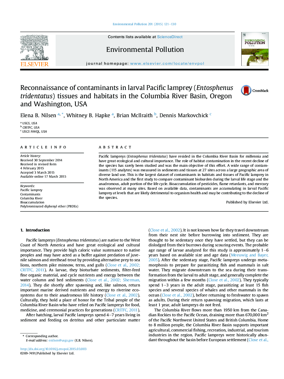 Reconnaissance of contaminants in larval Pacific lamprey (Entosphenus tridentatus) tissues and habitats in the Columbia River Basin, Oregon and Washington, USA