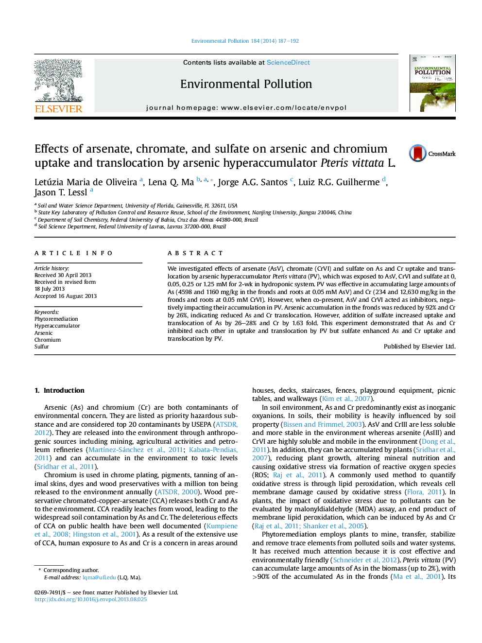 Effects of arsenate, chromate, and sulfate on arsenic and chromium uptake and translocation by arsenic hyperaccumulator Pteris vittata L.