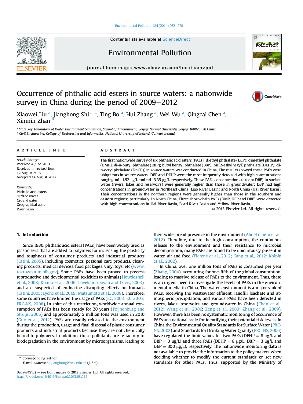 وجود اسیدهای فتالیک اسید در آب های منبع: بررسی در سراسر کشور در چین در طول 2009-2012 