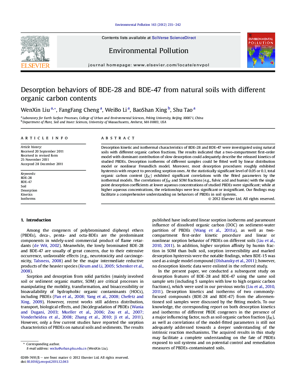 Desorption behaviors of BDE-28 and BDE-47 from natural soils with different organic carbon contents