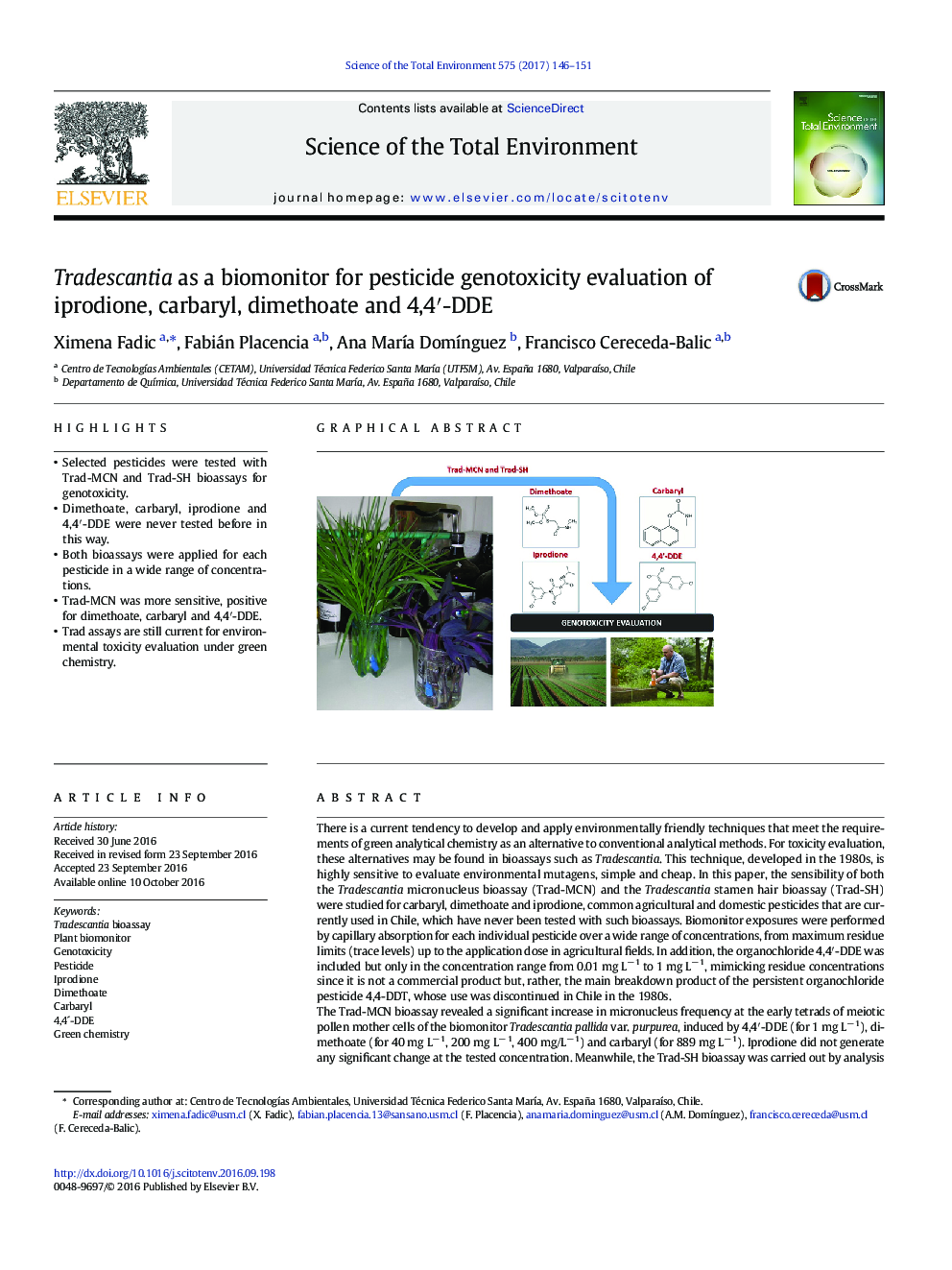 Tradescantia as a biomonitor for pesticide genotoxicity evaluation of iprodione, carbaryl, dimethoate and 4,4â²-DDE