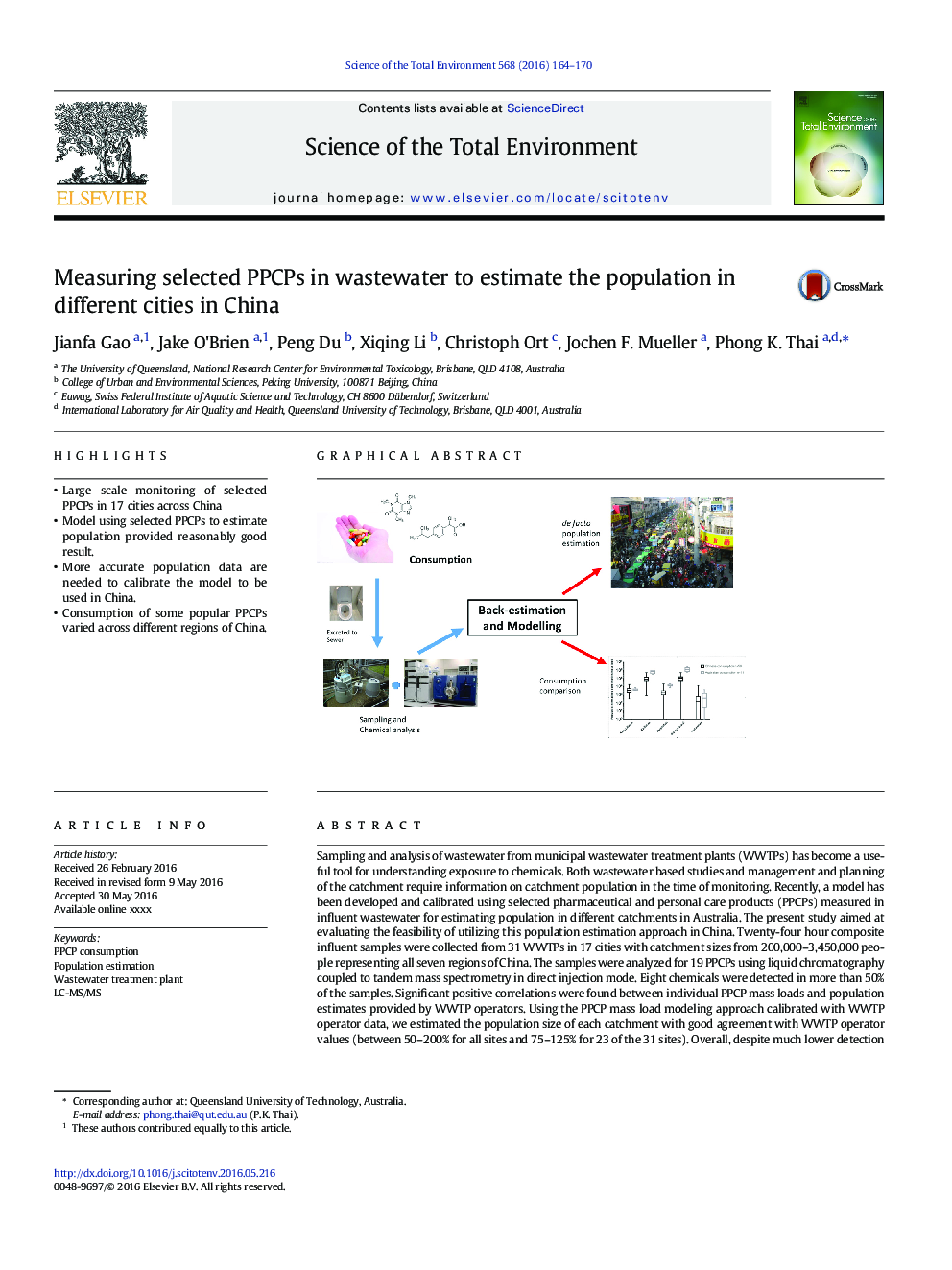 Measuring selected PPCPs in wastewater to estimate the population in different cities in China