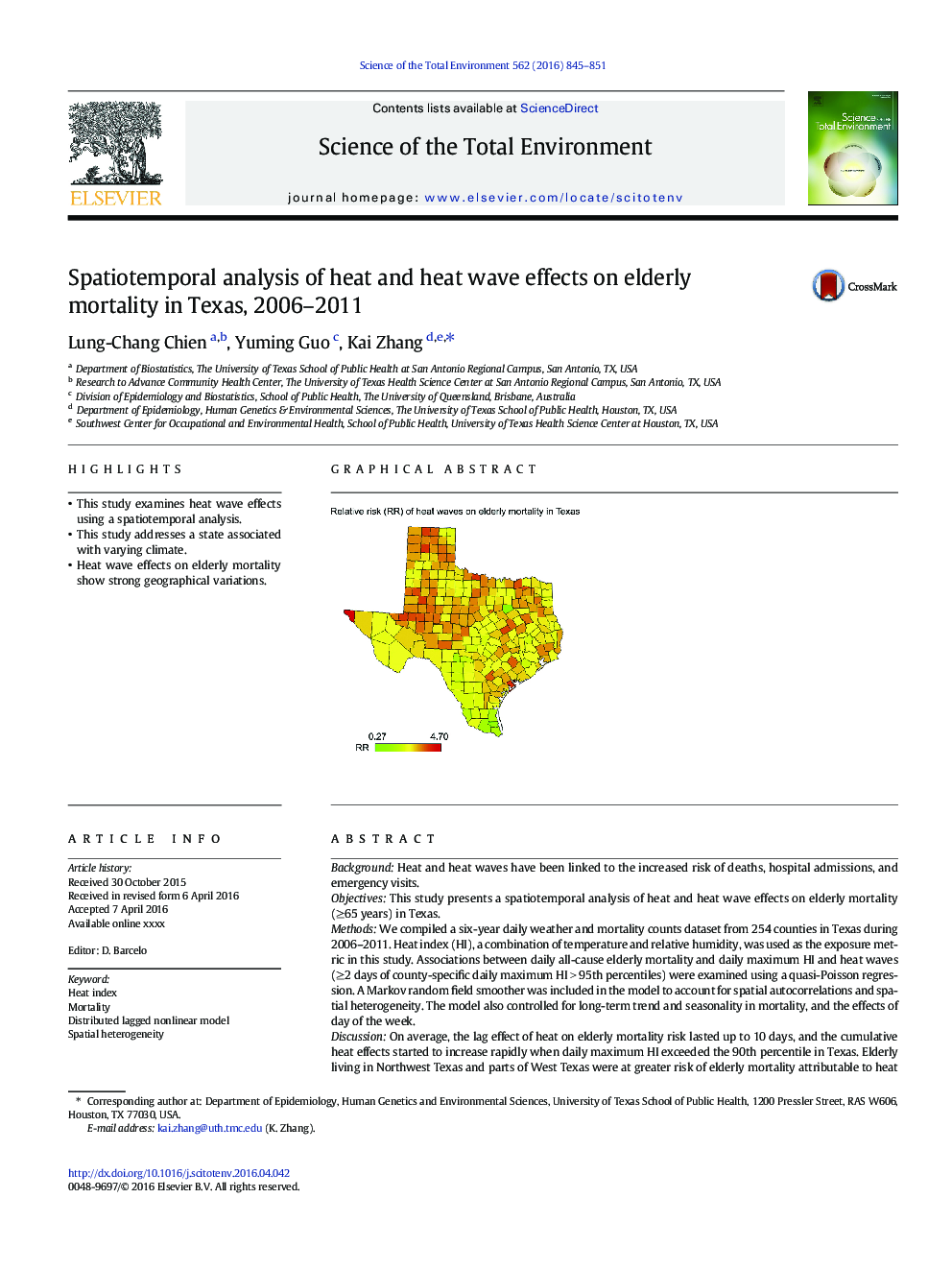 Spatiotemporal analysis of heat and heat wave effects on elderly mortality in Texas, 2006-2011