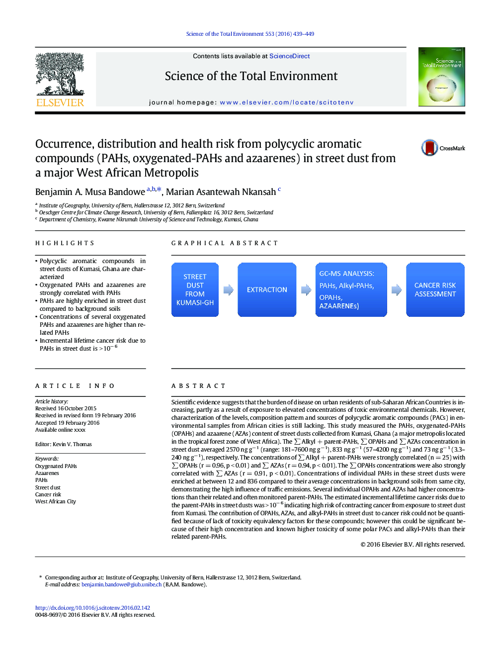 Occurrence, distribution and health risk from polycyclic aromatic compounds (PAHs, oxygenated-PAHs and azaarenes) in street dust from a major West African Metropolis