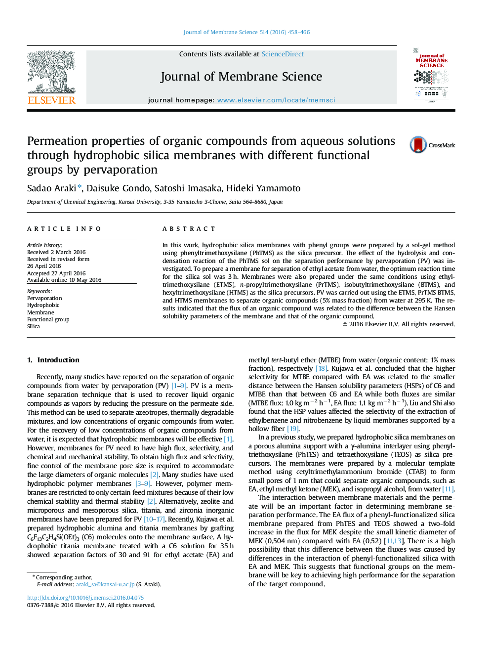 خصوصیات نفوذ ترکیبات آلی از محلول های آبی به وسیله غشاهای سیلیس هیدروفوبی با گروه های عملکردی مختلف توسط پراپرتراسیون 