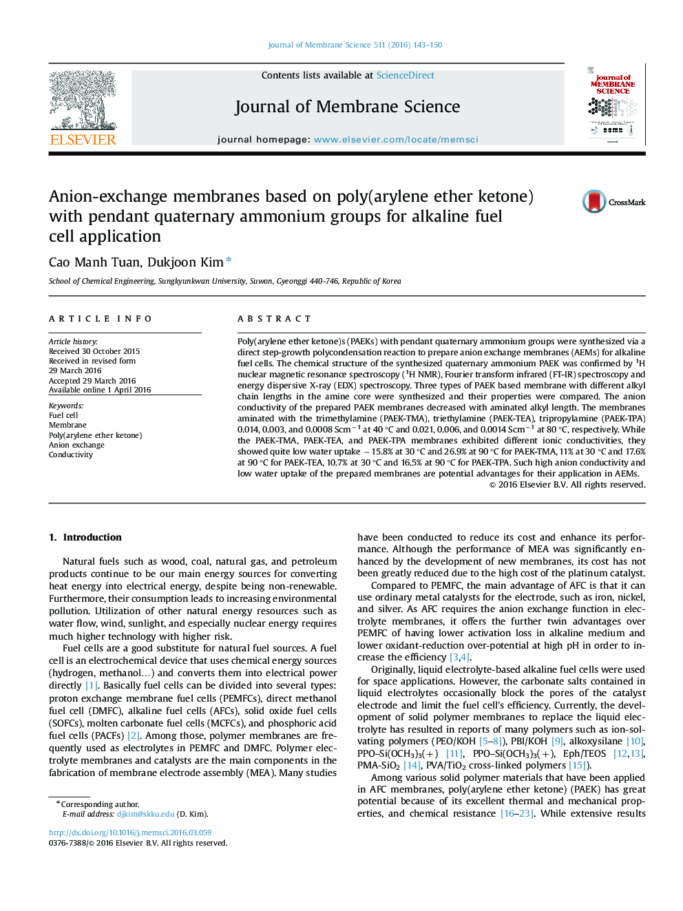 غشاهای مبدل آنیونی مبتنی بر پلی (آرییلن اتر کتون) با گروه های آمونیوم کواترنری آویز برای کاربرد سلول های سوختی قلیایی 
