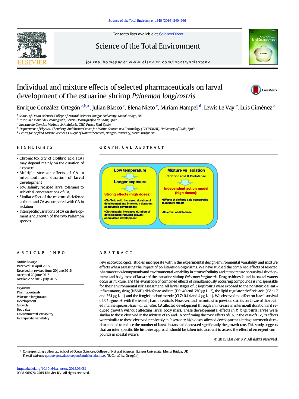 Individual and mixture effects of selected pharmaceuticals on larval development of the estuarine shrimp Palaemon longirostris