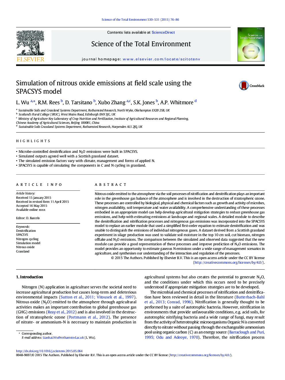 Simulation of nitrous oxide emissions at field scale using the SPACSYS model